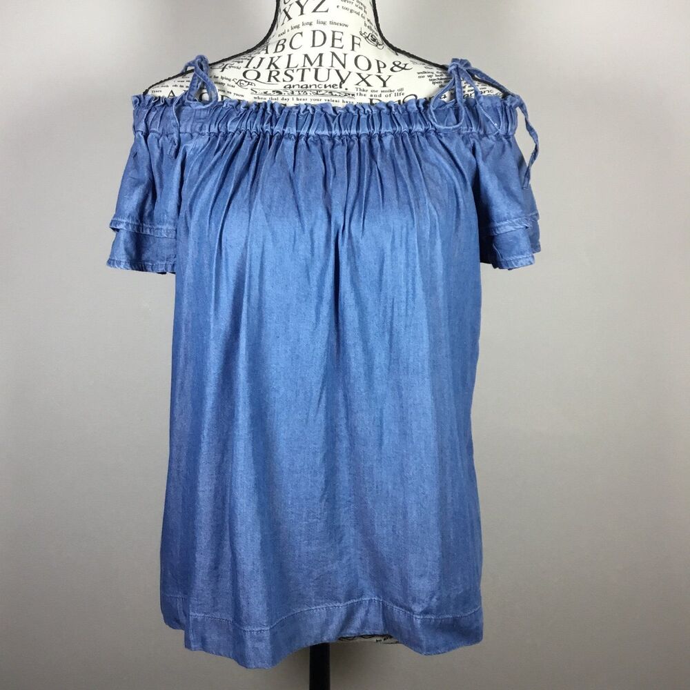 Cotton blend denim medium blue off shoulder tie top coastal Cowgirl western PS